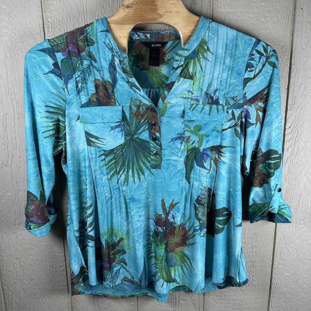 Ali Miles Popover Tunic Top Size Large Blue Botanical Floral 3/4 Sleeve Stretch